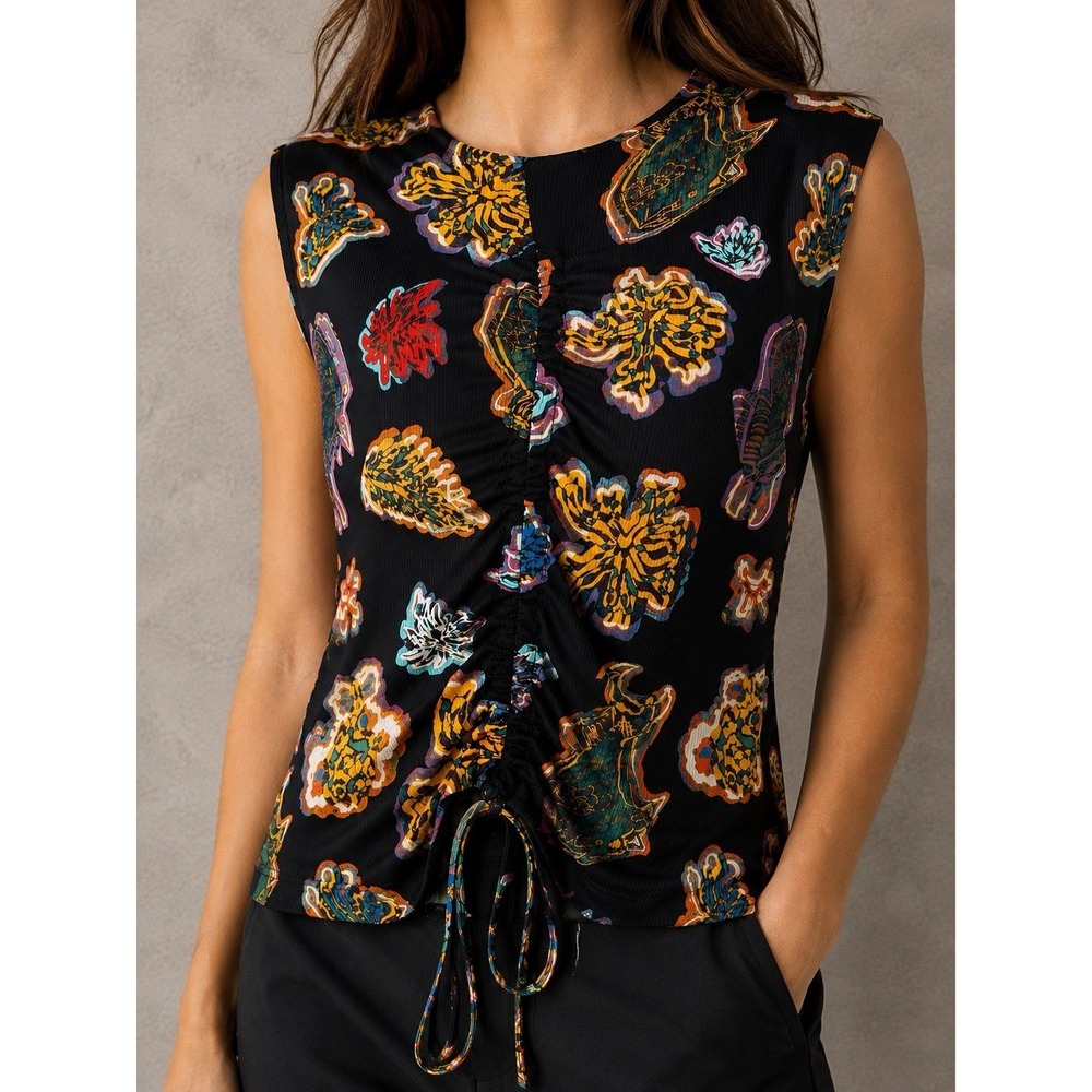 Bimba Y Lola Ruched Top Womens Medium Black Multicolor Fish Sea Print Sleeveless